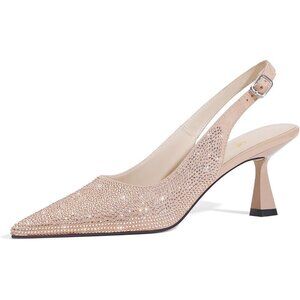 🆕Women's Beige Faux Leather Kitten Heels Slingback Low Heel Pumps Dress Shoes